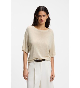 Lniana koszulka z wyszywanym logo w kolorze beżowym