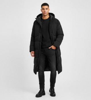 Długa kurtka puchowa z czarnego elastycznego materiału