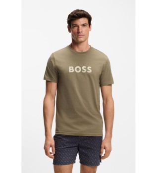 Bawełniana koszulka z dzianiny z zielono-brązowym nadrukiem logo