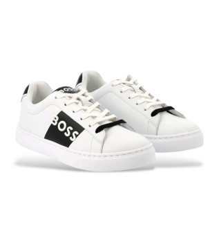 White logo embossed leather trainers