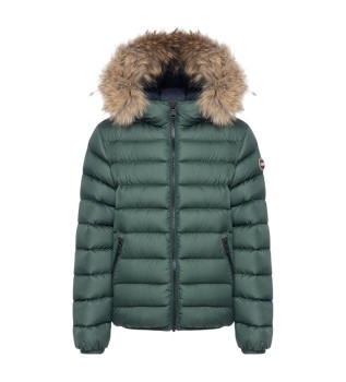 Plašč iz perja z zeleno krzneno kapuco
