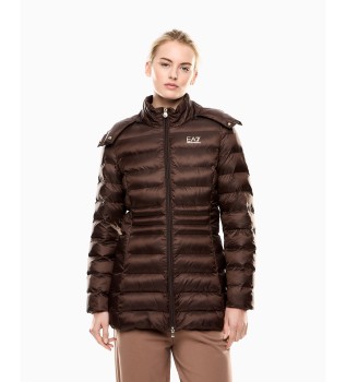 Casaco com capuz de nylon acolchoado castanho com capuz