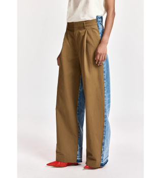 Broek met wijde pijpen in twee stoffen bruin, blauw