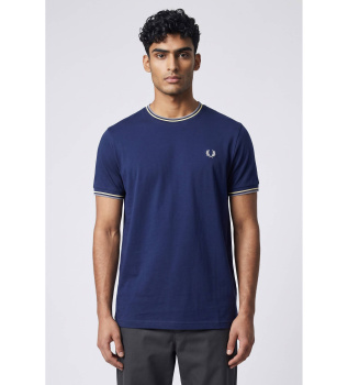 T-shirt met bies met twee blauwe strepen