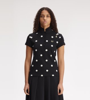 Black polka dot polo shirt