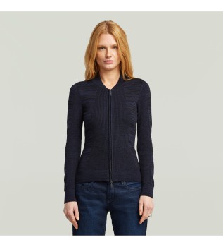 3D Biker Knit Slim Full Zip Navy Sweater