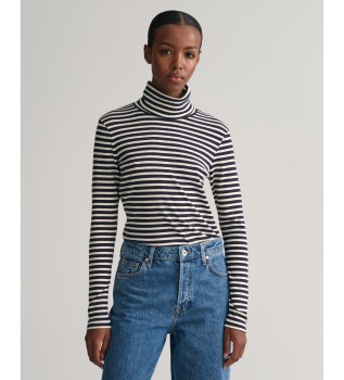 Ribbed Striped T-Shirt with Swan Neck and long navy sleeves