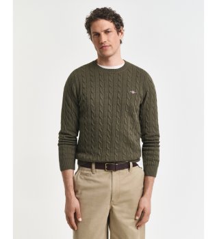Round neck cable knit sweater in green cotton