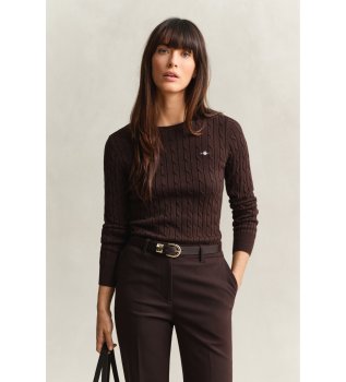 Pull à col rond et maille torsadée en coton stretch marron