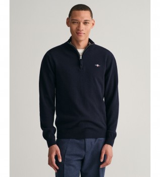 Very fine sheep's wool jumper with navy half-zipper