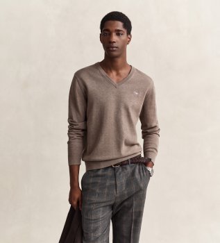 Katoenen trui met V-hals in taupe