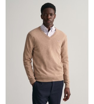 V-neck pullover in very fine beige sheep's wool