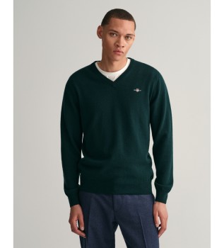 V-neck jumper in green fine wool