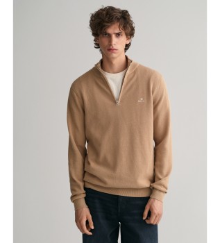 Maglione beige in piqu� di cotone con mezza zip