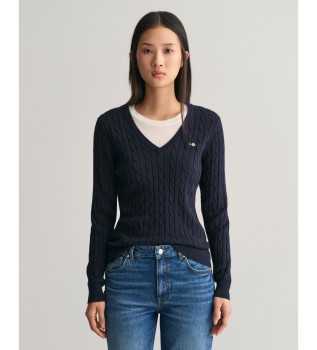 Strikket trje med V-hals i marinebl bomuld med stretch, strikket i ottetaller