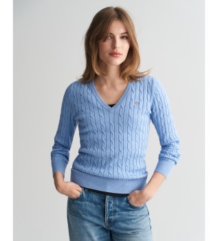 Pull en coton extensible bleu avec col  pointes en maille ctele
