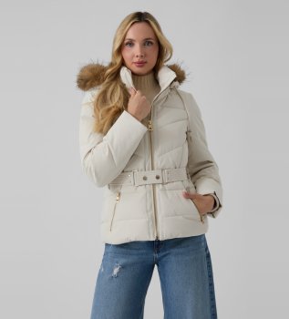 Jaqueta acolchoada curta com cinto beige
