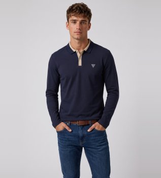 Long sleeve textured navy polo