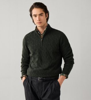 Camisola com fecho Lambswool Cable Hzip verde