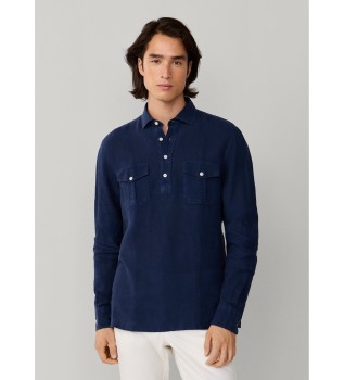 Camisa de linho com meia carcela e corte cl�ssico azul-marinho