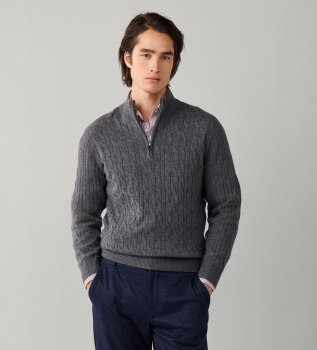 Maglione con zip Lambswool Cable Hzip grigio medio