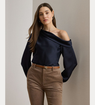 Chemisier asymtrique en charmeuse de satin marine