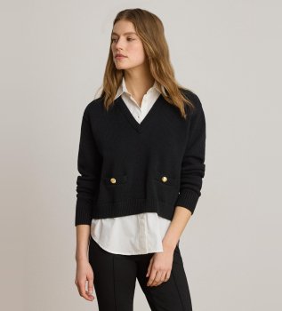 Pull en coton avec bordure à boutons noir