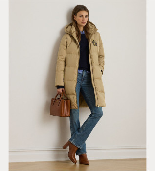 Manteau en duvet avec capuche et cusson beige