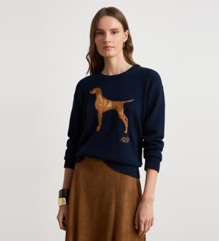 Pull en coton avec chien en intarsia bleu marine