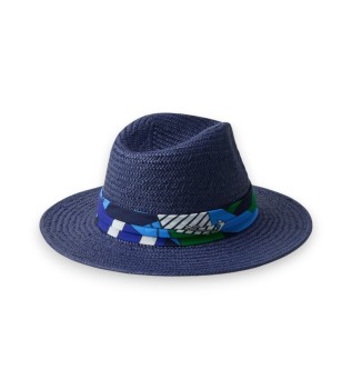 Strå fedora med marineblå paisley kant