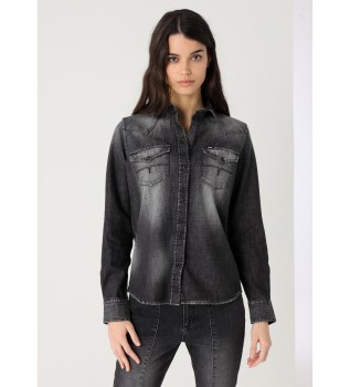 Koszula z długim rękawem, czarna, prana enzymatycznie