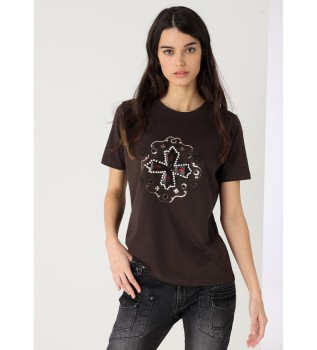 T-shirt met korte mouwen en stras western bruin