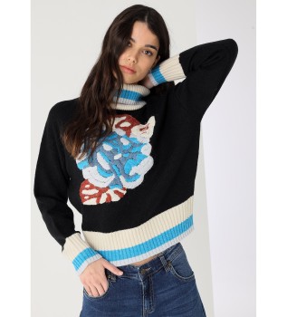 Jersey cuello cisne tejido jacquard con flor negro