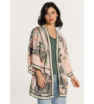 Roze kimono met tropische print en 3/4 mouwen