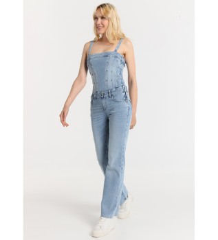 Jumpsuit i rak denim med haklapp - Bl kortrmad