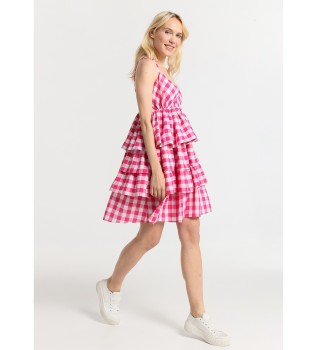 Korte strapless jurk met roze veelkleurige ruches met vichyprint