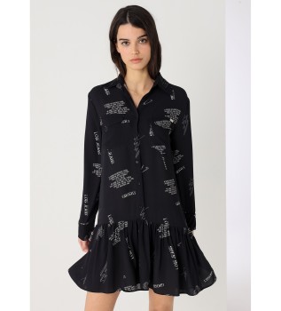 Trykt, langrmet, sort, kort, flydende kjole med lange rmer