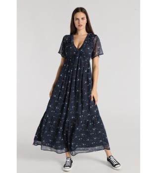 Robe midi  manches courtes avec lastique au niveau de la poitrine et imprim floral marine