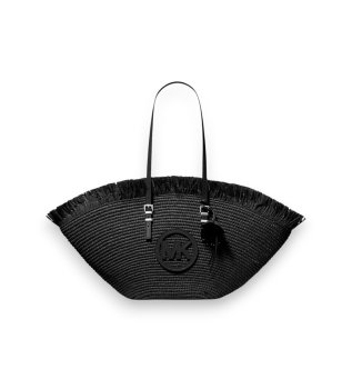 Grande borsa tote Isa intrecciata a mano a forma di ventaglio, di colore nero.