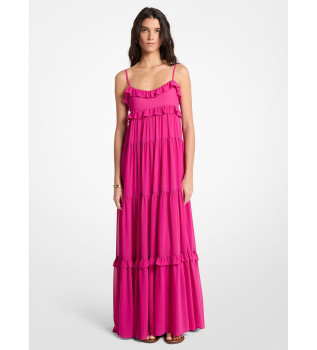 Vestido maxi em georgette com folhos cor-de-rosa