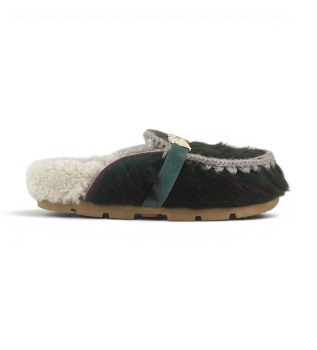 Pantofole in Pelle Winter Bio Slide Long Hair Ponyskin verde