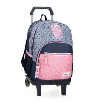 Noni denim rugzak met dubbele compartimenten en trolley blauw