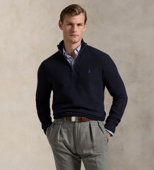 Marine-blue piqué-knit cotton sweater