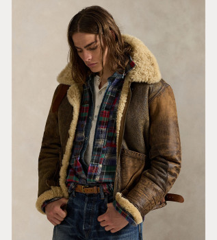 Brown shearling leather bomber jacket