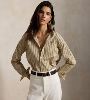 Camisa de algodão com riscas Relaxed Fit bege
