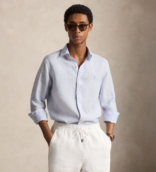 Camisa de linho com listras Custom Fit azul
