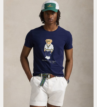 Majica s tankim krojem z medvedom v mornariški barvi