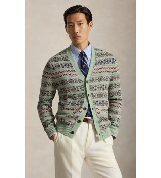 Green linen and cotton Fair Isle cardigan