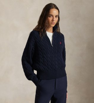 Marineblauer Strickpullover aus Baumwolle in Ecru-Strick