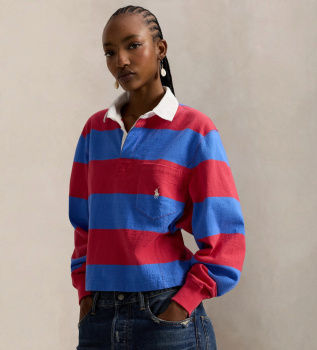 Blue, red knitted rugby polo shirt